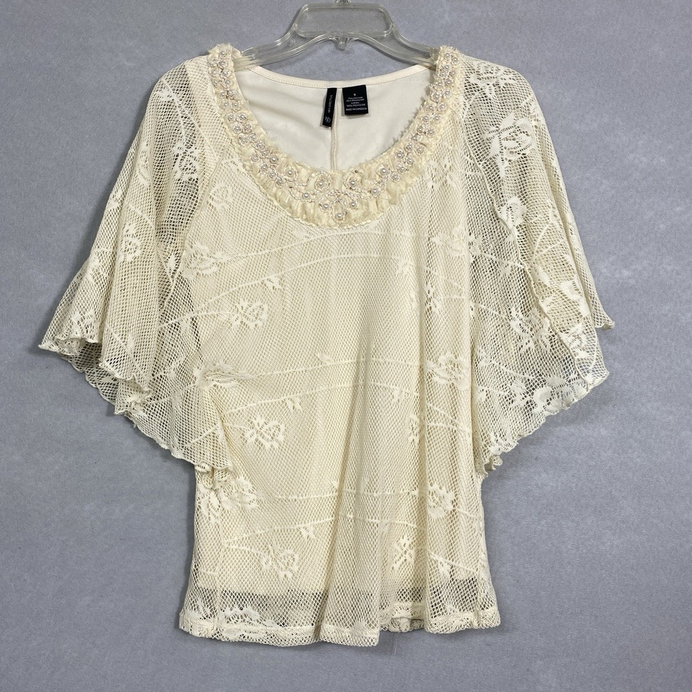 New Directions Women S Blouse Ivory Vintage Boho Sheer Flutter Sleeve Floral